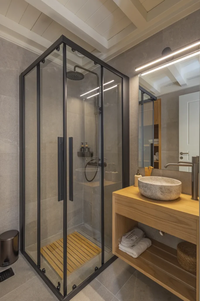 Deluxe Studio bathroom with a corner rainfall shower and stone basin