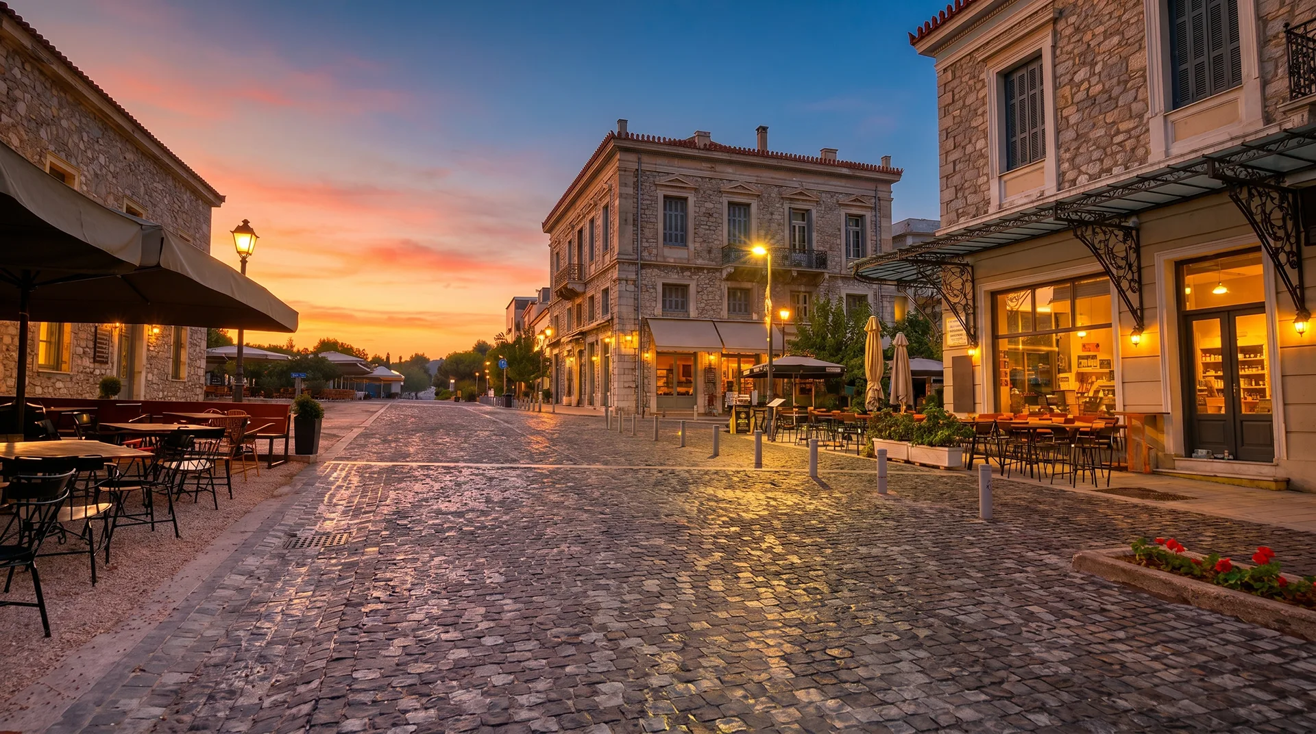 Cobbled pedestrian street in Thissio, Athens, with neoclassical buildings and cafés at dusk